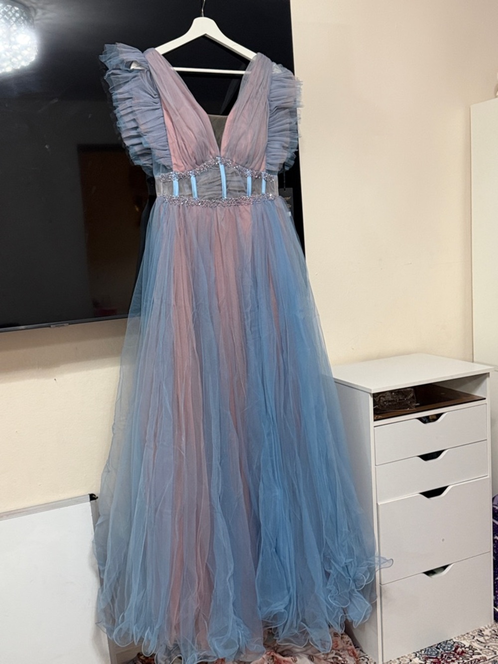 Blue & Dusty Rose Tulle Maxi Gown